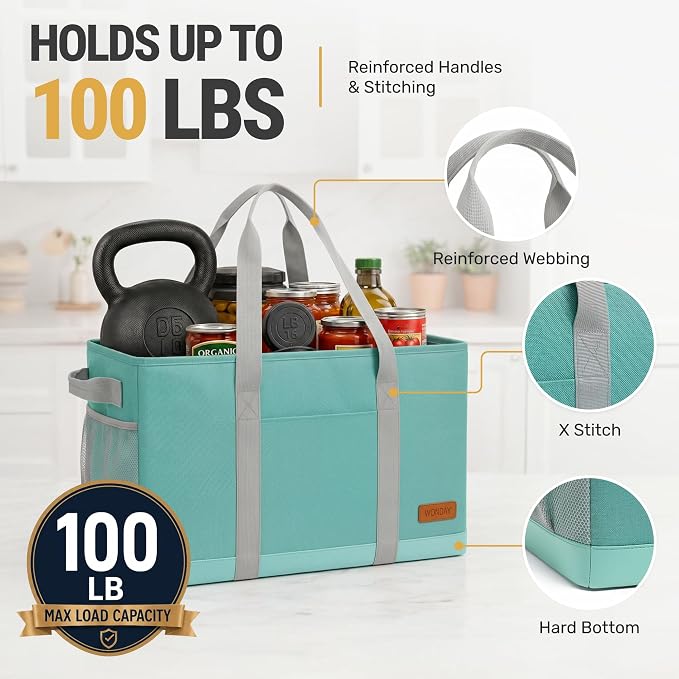 Extra Large Utility Tote Bag - Standing Reusable Grocery Bag with Handle, Collapsible Storage for Shopping, Beach