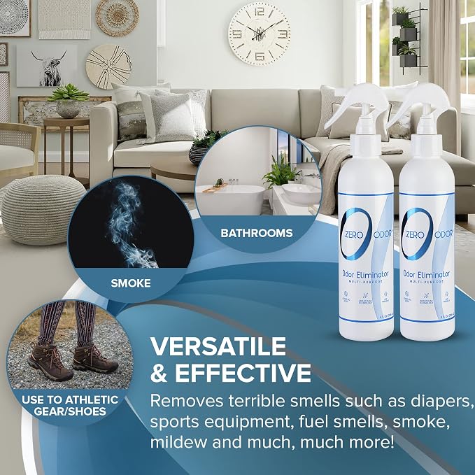 Multi-Purpose Strong Odor Eliminator for Home, Office, Car, Bathroom, Hotel, Room Deodorizer, and Odor Neutralizer, 8oz Two Pack