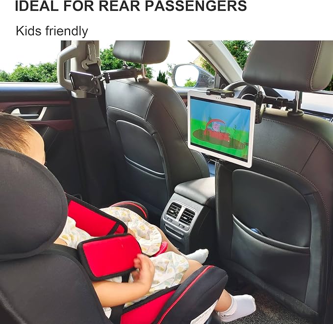 Car Headrest Tablet Phone Mount, Black, 5-11" | Backseat Universal Cell Phone Holder, 360 Swivel Rotating, Angle Adjustable Stretchable