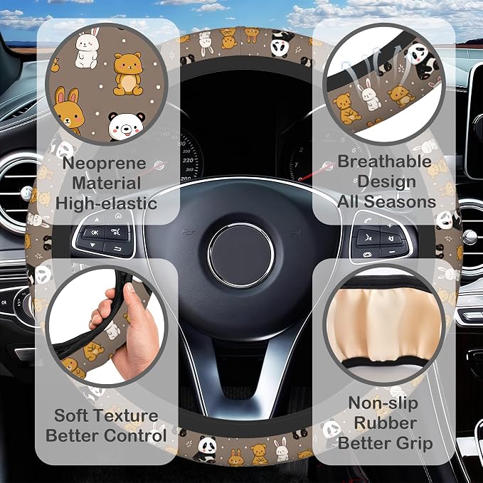 Cute Panda Bear Rabbit Steering Wheel Cover for Women, Anti-Slip Car Steering Wheel Cover with 2 Pcs Cup Holders Neoprene Breathable Car Accessories Universal 15 Inch Auto Interior Decor