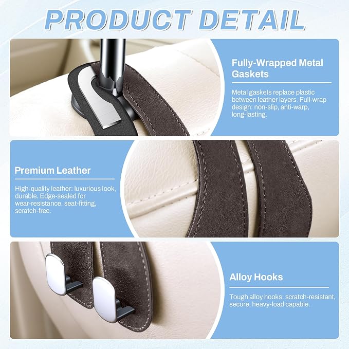 2PCS Car Purse Holder Hook, Seat Back Storage Hook, Leather-Wrapped Alloy Double Headrest Hook for Purses & Bags, Cute Car Interior Accessories for Women and Men, Brown