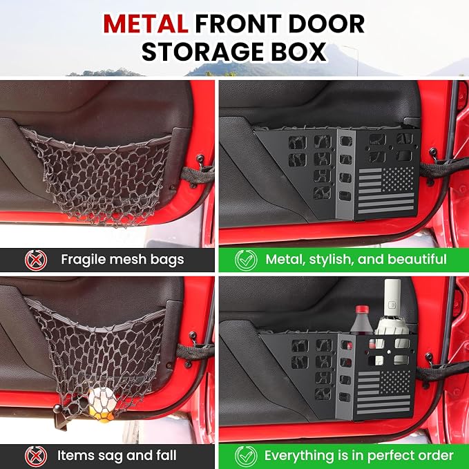 Upgraded Metal Front Door Pocket Storage Box for Jeep Wrangler JK JKU 2018 2017 2016 2015 2014 2013-2007 2/4 Door Accessories, Adjustable Door Organizer Molle Panels, Flag, 2PCS