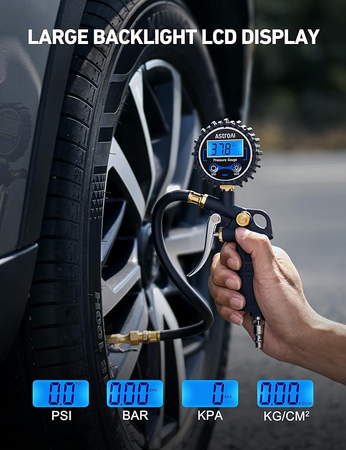 Digital Tire Pressure Gauge with Inflator, 3-250 PSI Air Chuck & Compressor Accessories Heavy Duty with Quick Connect Coupler, 0.1 Display Resolution, 2Pack Standard