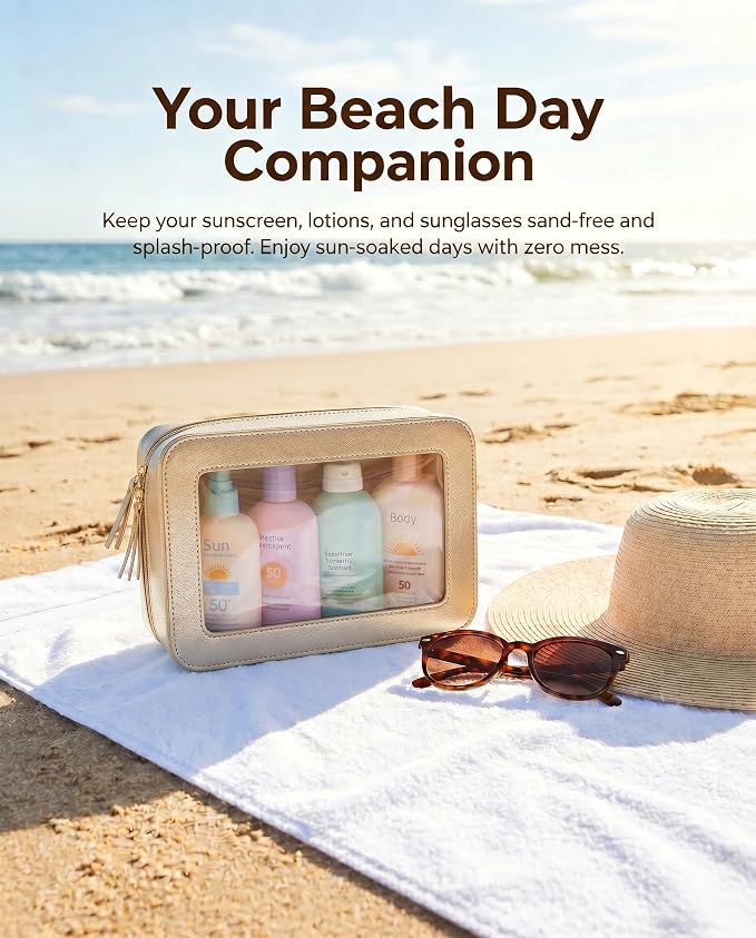 Clear Makeup Bags,TSA Approved Toiletry Bag with Zipper,Sunscreen Bag Clear Makeup Toiletry Pouch Beach Vacation Essentials for Women Teen Girls Gifts(Golden)
