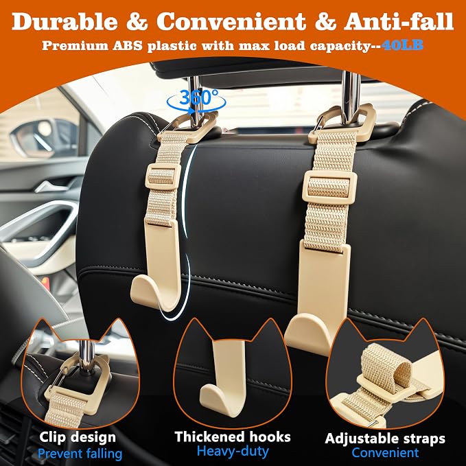 Car Headrest Hooks 4 Pack Adjustable Universal Fit Auto Seat Back Organizer Storage Hanger Purse Bags Holder with Clip Beige