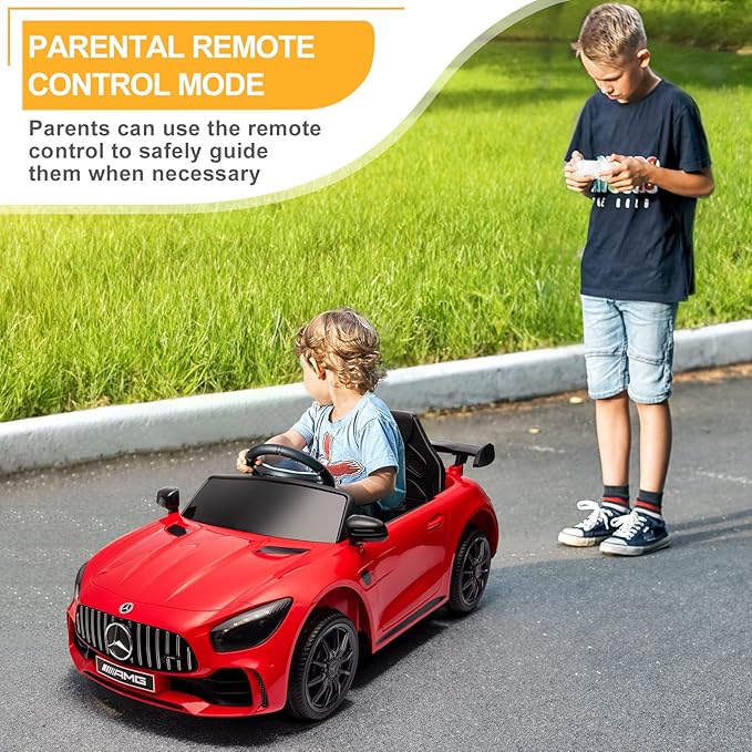 12V Ride on Car, Licensed Mercedes Benz AMG GTR Battery Powered Electric Vehicle, w/Parent Remote, Wider Seat, LED Lights, Openable Doors, MP3 Player, Smooth Start, 3 Speeds - Red