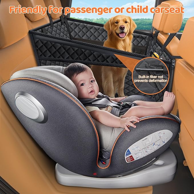 Hard Bottom Dog Car Seat for Pets Waterproof Seat Cover Hammock with 3-Sided Hard Boards 600D Heavy Duty Scratch Proof Nonslip Durable Back Seat Covers for Cars, Trucks and SUVs