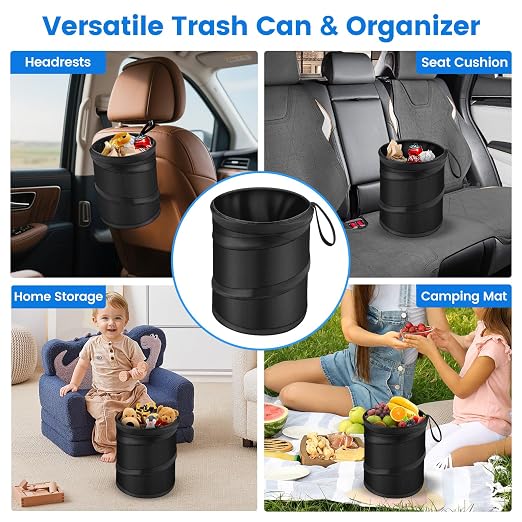 2 Pack Mini Trash Can for Car, Leakproof Pop-Up Car Trash Can with Hanging Loop, Washable Small Garbage Can Hanging Automotive Garbage Cans Trash Bin for Truck Auto SUV Vehicle RV Camping, 1 Gallon