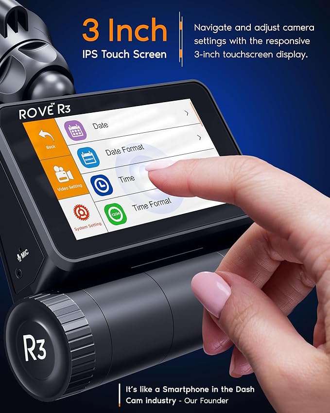 R3 Dash Cam Front and Rear with Cabin, 3” IPS Touch Screen, 3 Channel Dash Cam 1440P+1080P+1080P, IR Night Vision, 5GHz WiFi, Up to 30MB/s Download Speed, Quad-Mode GPS, Supports 512GB Max