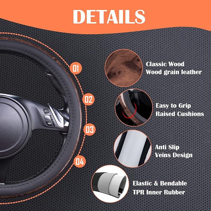 Wood Grain Microfiber Leather Steering Wheel Cover, Universal Fit for 14 1/2-15 inch Black Steering Wheel, Anti-Skip Veins Design,Cars, Suvs,Vans, Sedans (Black)