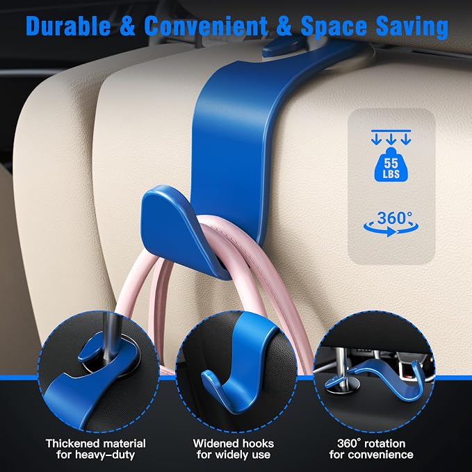 Car Seat Headrest Hook 4 Pack Hanger Universal Vehicle Car Storage Organizer for Handbag Purse Coat S Type Blue