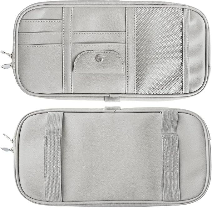Car Sun Visor Organier Truck SUV Sun Visor Storage Pocket Pouch Holder, Multi-Pocket PU Leather with Zipper Net, for Cards Pens Sunglasses Document (Gray)