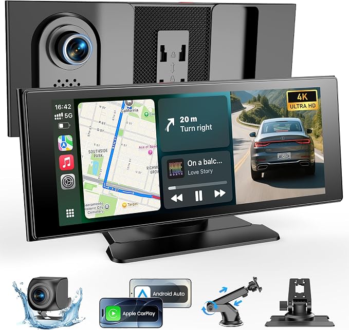 Wireless Car Play Screen, 10.26'' Monitor with Apple Carplay & Android Auto, 4K Dash Cam 64G, 1080P Backup Camera, Portable Smart Touch Tablet Stereo Multimedia Dashboard, Bluetooth/FM/GPS/AUX