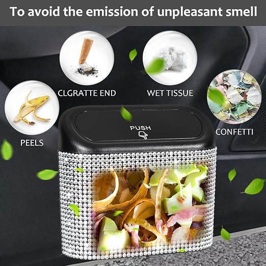 Bling Car Trash Can with Lid, Mini Auto Garbage Storage Bin with 60pcs Garbage Bags, Sparkling Crystal Trash Bags Holder Dustbin Vehicle Accessories Container Organizer (White Rhinestone)