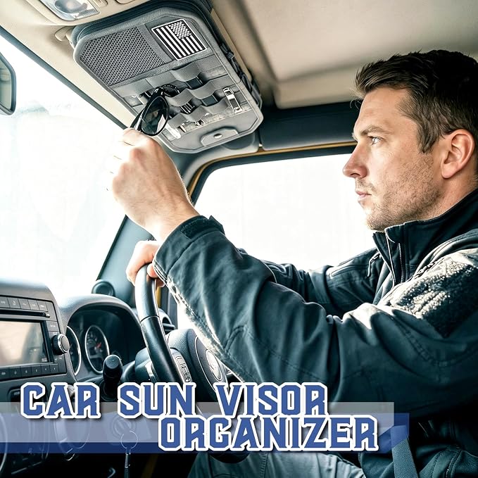 SAMPUSS Car Sun Visor Organizer Car Sunglass Holder with Storage Pouch | Semi-rigid molle panel car truck accessories with zipper for men&women fit most cars trucks vans suvs jeeps patrols