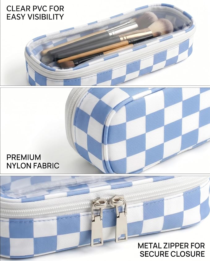 Preppy Checkered Clear Travel Makeup Brush Holder,Blue and Beige Checkered Makeup Brush Toiletry Bag, Portable Cosmetic Brush Case,Transparent Waterproof Makeup Brush Storage Bag
