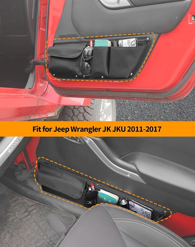 Front Door Storage Pockets Side Organizer Bag Door Net Pocket Replacement Compatible with Jeep Wrangler JK JKU 2011-2017, Interior Storage Expansion Accessories, 2PCs