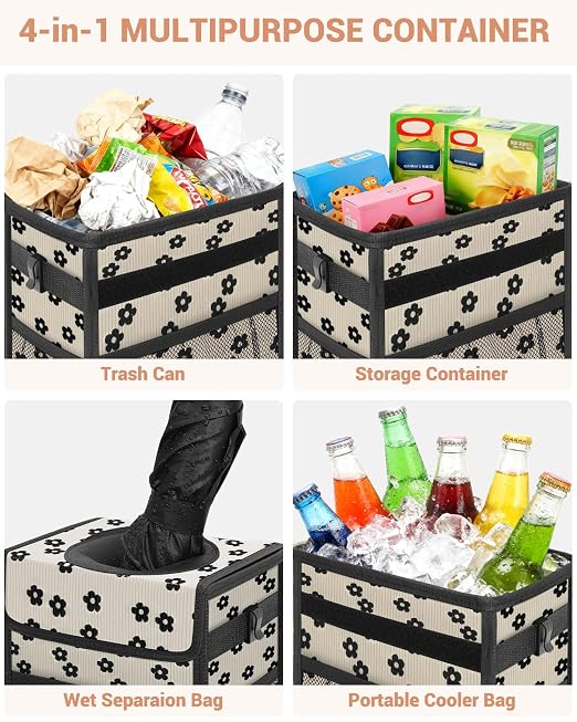 Car Trash Can with Lid, Leakproof Car Trash Bag Hanging Waterproof Automotive Garbage Can with Storage Pockets Mini Vehicle Trash Bin for Back/Front Seat(Black Flower,3 Gallon)