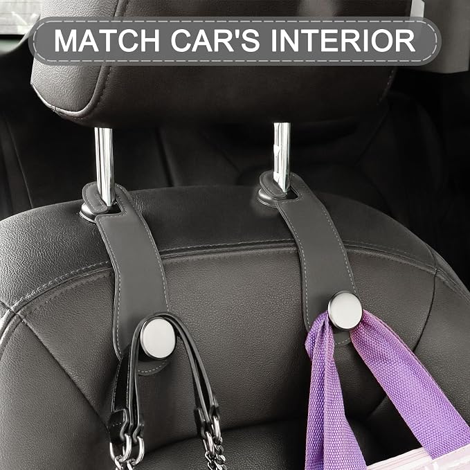 Car Headrest Hooks, 2 Pack Leather Car Seat Storage Hanger for Purses Bags, Stylish Car Seat Organizer Hooks for Handbag Coat Umbrellas, Car Inside Accessories, Gray