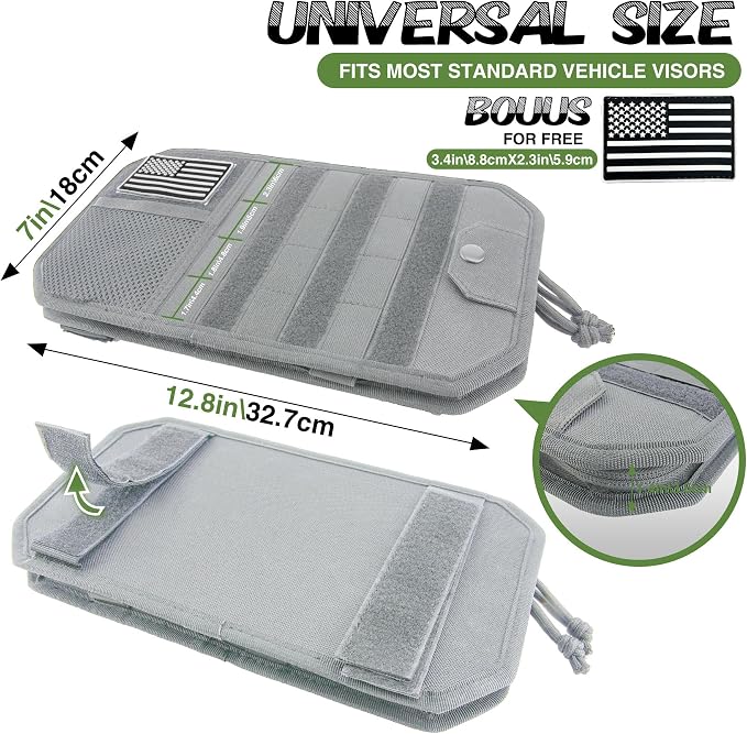 Car Sun Visor Organizer, Tactical Molle Panel Visor Storage Organizer with Sunglasses Holder for Police Gear & Overland Accessories, Universal Fit for Trucks, SUVs, Jeeps & Patrols, Grey