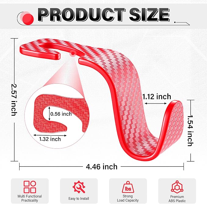 Universal 2 Pack Car Seat Headrest Purse Hook, Carbon Fiber Back Seat Hook Storage Organizer Hanger for Purse Handbag Coat, Car Interior Accessories(Red)
