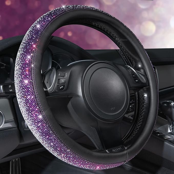 Bling Diamond Leather Steering Wheel Cover, Bling Sparkly Crystal Glitter Rhinestones Universal Fit 14" 1/2-15" Car Wheel Protector for Women Girl Fit Suvs,Vans,Sedans,Trucks, Purple Silver