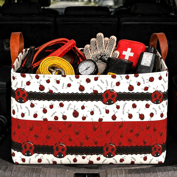 Ladybug Car Trunk Organizer, 20L Collapsible Auto Storage Basket with Handles, Waterproof Reusable Shopping Grocery Bags for SUV, Truck,Ladybugs Cars Boot Organizer Gifts for Women Men Drivers