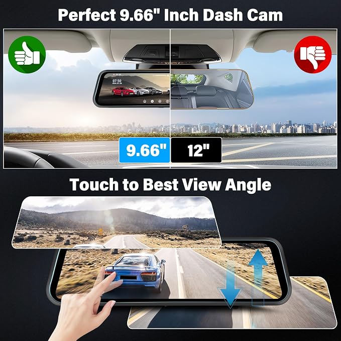 Rear View Mirror Camera, Mirror Dash Cam for Car 1080P Front & Rear Mirror Cameras 9.66 Inch HD IPS Full Touch Screen 64G Card Night Vision Motion Detection Loop Recording 24H Parking Monitor