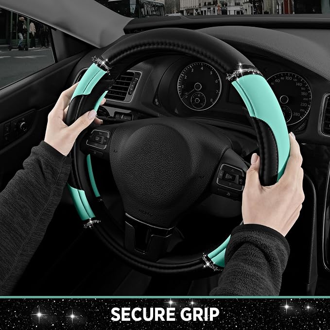 Leather Steering Wheel Cover - Made with PVC Leather - Anti-Slip, Universal Fit 14 1/2 inches to 15 inches - Mint