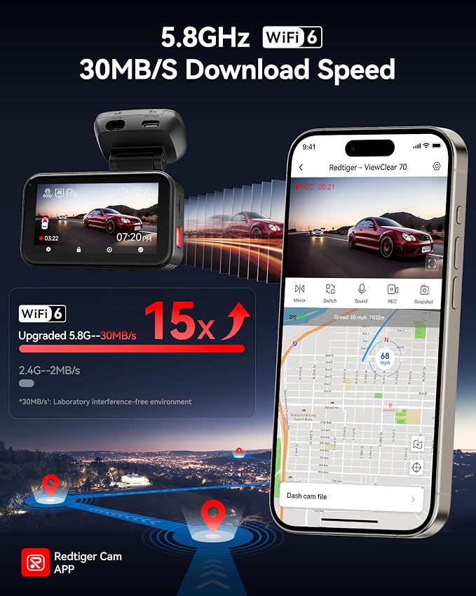 VC70 4K+2.5K Dash Cam Front and Rear, 8MP STARVIS 2 IMX678 Sensor, Dual HDR Hyper Night Clarity, 5.8GHz WiFi 6, 30MB/S Fast Download, Dash Camera with 24H Parking Monitor, 128G Card Included