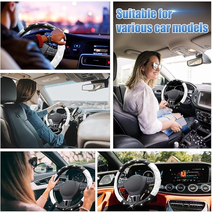 Black and White Steering Wheel Cover, Auto Cute PU Diamond Bling Comfort Leather Car Interior Accessories Protector Sparkly Fit Most O-Shaped Steering Wheels