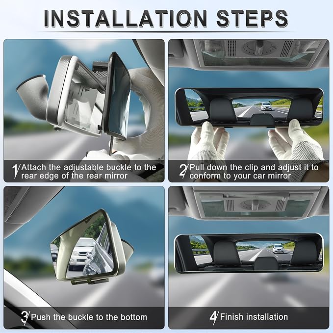 Rear View Mirror, Universal 11.3'' (287mm), Wide Angle Panoramic Convex Rearview Mirror, Clip-on to Original to Eliminate Blind Spot for Cars SUV Trucks