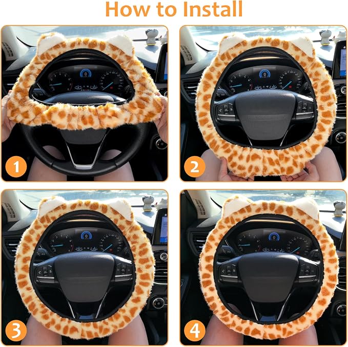 Fuzzy Leopard Print Car Steering Wheel Cover Women Car Accessories | Soft Furry, Non-Slip, Elastic Steering Wheel Covers, Universal 15 Inch Fit Auto, Suvs, Truck
