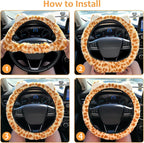 Fuzzy Leopard Print Car Steering Wheel Cover Women Car Accessories | Soft Furry, Non-Slip, Elastic Steering Wheel Covers, Universal 15 Inch Fit Auto, Suvs, Truck