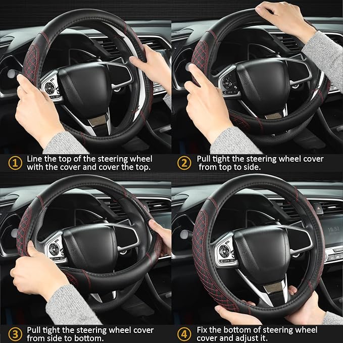 Car Steering Wheel Cover for Ford Escape,Explorer,Fusion,Focus,Bronco,Transit,Edge(Diamond Quilted - Black+Red- Standard Size)