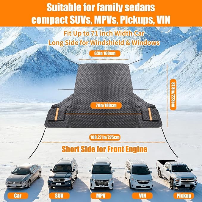 Windshield Cover for Ice and Snow, Heavy Duty 600D Oxford Fabric, Prevent Rainwater, Sunscreen, Snow Prevention, 6* Straps, 2*Rear View Mirror Sleeve, Extra Large Size for Car, SUV, Mpv and Sedans