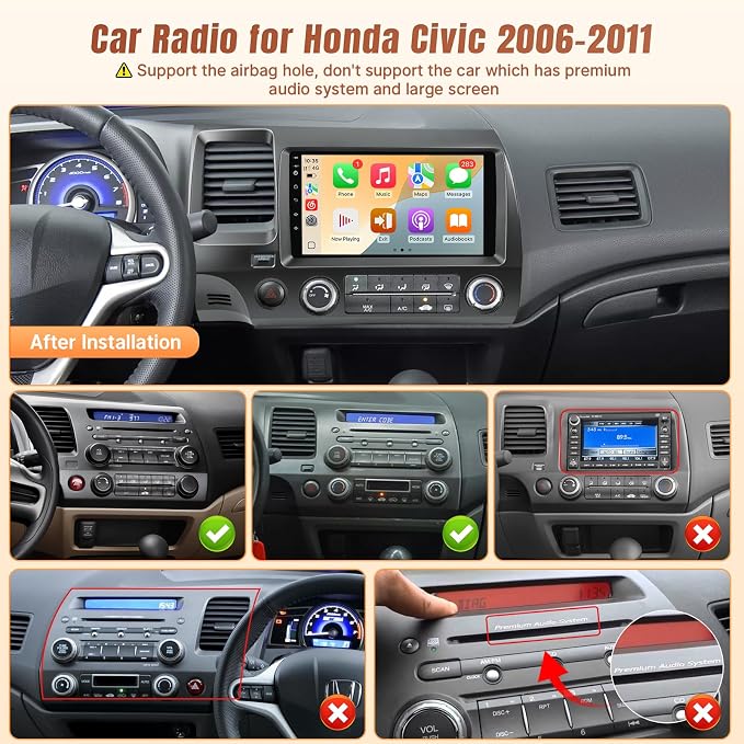 Car Radio for Honda CIVIC 2006 2007 2008 2009 2010 2011 Stereo with Wireless Carplay Android Auto - 2+32GB 9Inch Touch Screen for Civic with Bluetooth, GPS, WiFi, FM, SWC + MIC +Backup Camera
