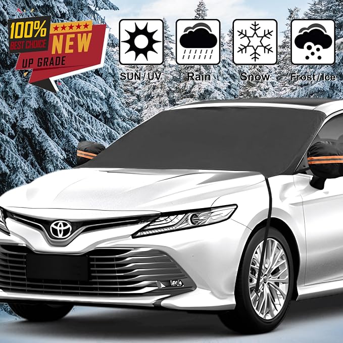 Windshield Cover for Cars, Trucks, Vans - 86x50 Inch Waterproof All Weather Winter Snow Frost Ice Sun Shade Cover with Side Mirror Covers, Automotive Exterior Accessories
