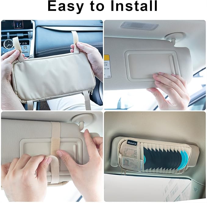 Car CD Visor Holder, 12 Sleeves Organizer with Mesh Pocket | Durable Oxford Cloth, Holds 12 CDs/DVDs, 1 Pen Holder, 1 Back Inner Pocket, Disc Storage Organizer, Fits Most Vehicle Visors