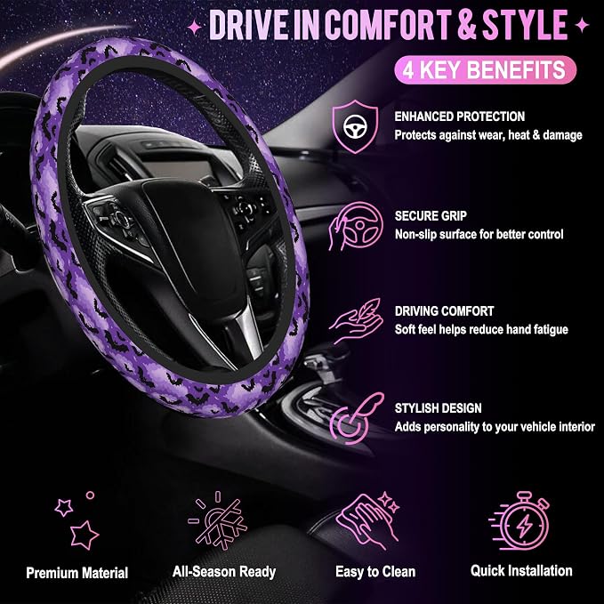 Gothic Purple Black Bats Steering Wheel Cover for Women Men Neoprene Breathable Wheel Cover Protector Anti-Slip Car Accessories Universal 15 Inch Fit for Cars Trucks Vehicles