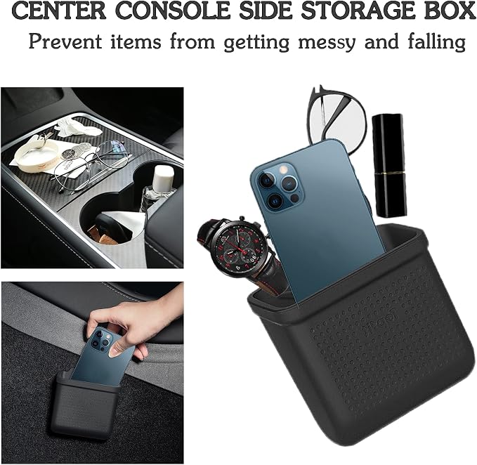 for Tesla Model 3 Model Y Accessories Center Console Organizer Tray Storage Box Cell Phone Pocket Silicone Hook Bag Sunglasses Holder Coin Case for Flocking