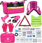 Roadside Emergency Car Kit for Vehicles, Pink Emergency Roadside Assistance kit with Car First Aid Kit, Thoughtful Car Emergency Kit for Women, Men, New Drivers and Adventurers Gifts