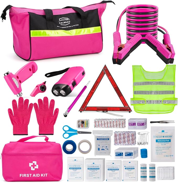Roadside Emergency Car Kit for Vehicles, Pink Emergency Roadside Assistance kit with Car First Aid Kit, Thoughtful Car Emergency Kit for Women, Men, New Drivers and Adventurers Gifts