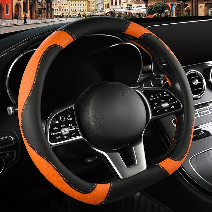 Black Orange Microfiber Leather D Shaped Steering Wheel Cover | Breathable Anti Slip Grip Cool Sporty Look Glow for Women Men