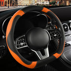 Black Orange Microfiber Leather D Shaped Steering Wheel Cover | Breathable Anti Slip Grip Cool Sporty Look Glow for Women Men