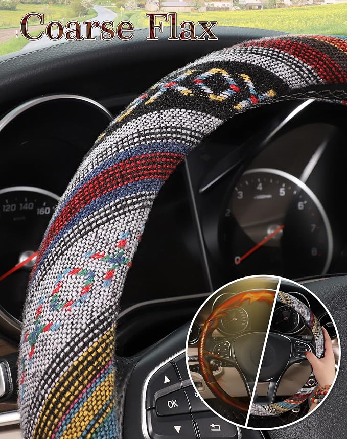 Boho Steering Wheel Cover with Baja Blanket Cloth, Ethnic Style Auto Wheel Cover Made of Coarse Flax, Fits 14 1/2-15 1/4 inches Car Wheel