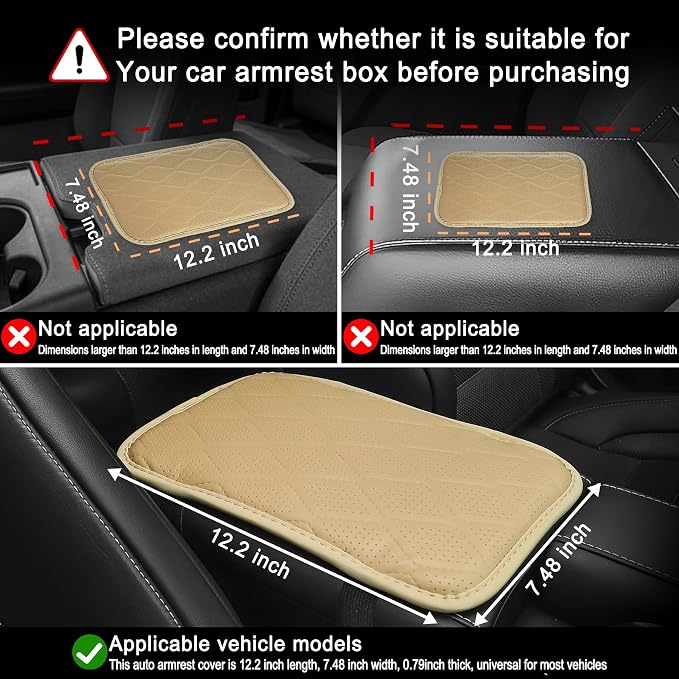 Car Center Console Cover, Leather Car Armrest Cushion, Universal Waterproof Cushion Pad, Non-Slip Car Interior Accessories, Fits Most Sedans SUVs Trucks (Light Beige)