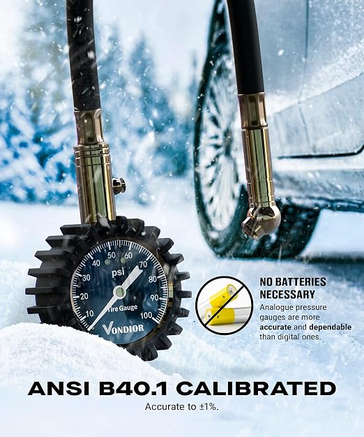 Tire Pressure Gauge (0-100 PSI) - Certified ANSI B40.1 Tire Gauge for Cars and Trucks, Large 2" Glow Dial Easy-Read Tire Gauges for Tire Pressure Car Accessories