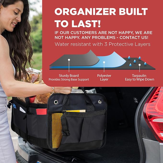 Trunk Organizer For Car, Suv, Truck | Premium Adjustable Multi Compartments Collapsible Car Trunk Organizer With Securing Straps & Non-Slip Bottom (Large Size, Black)