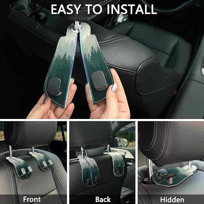2PCS Car Seat Back Storage Headrest Hooks, Forest Trees Purse Holder Bags Hanger, PU Leather Double Metal Hook for Backseat Organizer, Women Car Accessories Organization